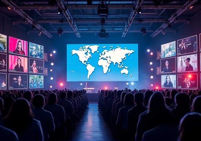 ハイブリッドイベントで盛り上がる会場とオンライン参加者の画面