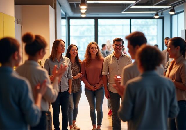スタートアップ企業のオフィスで新しいメンバーがチームに歓迎されている様子